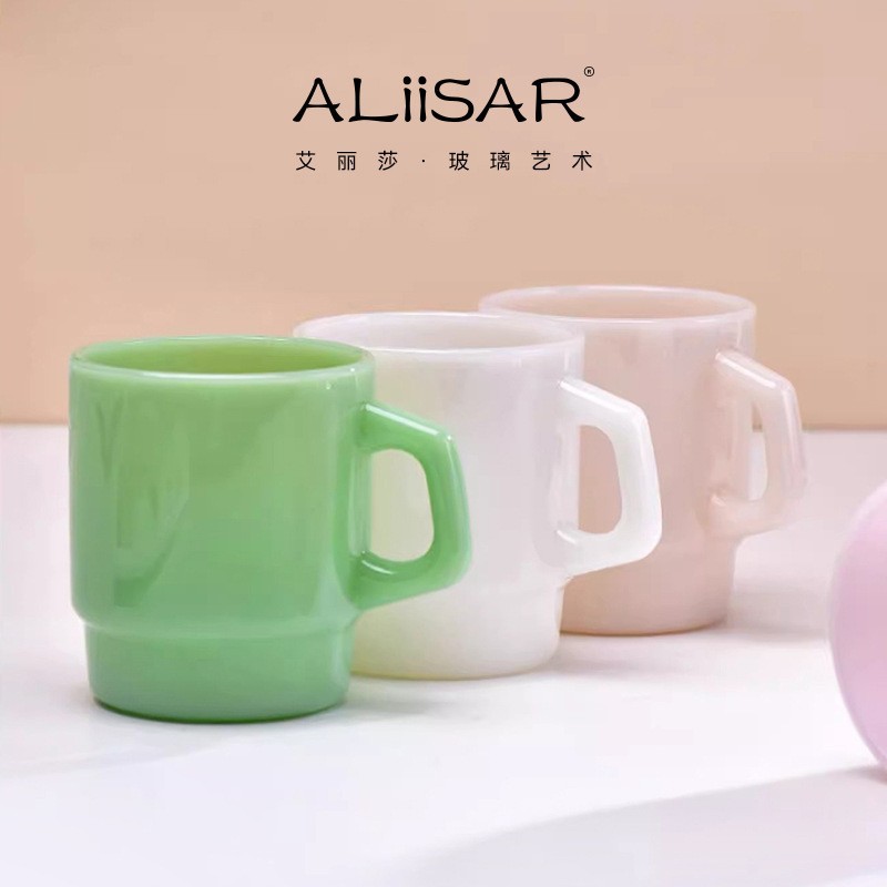 办公家用玻璃有柄彩色水杯创意奶玉玻璃马克杯简约复古叠叠杯