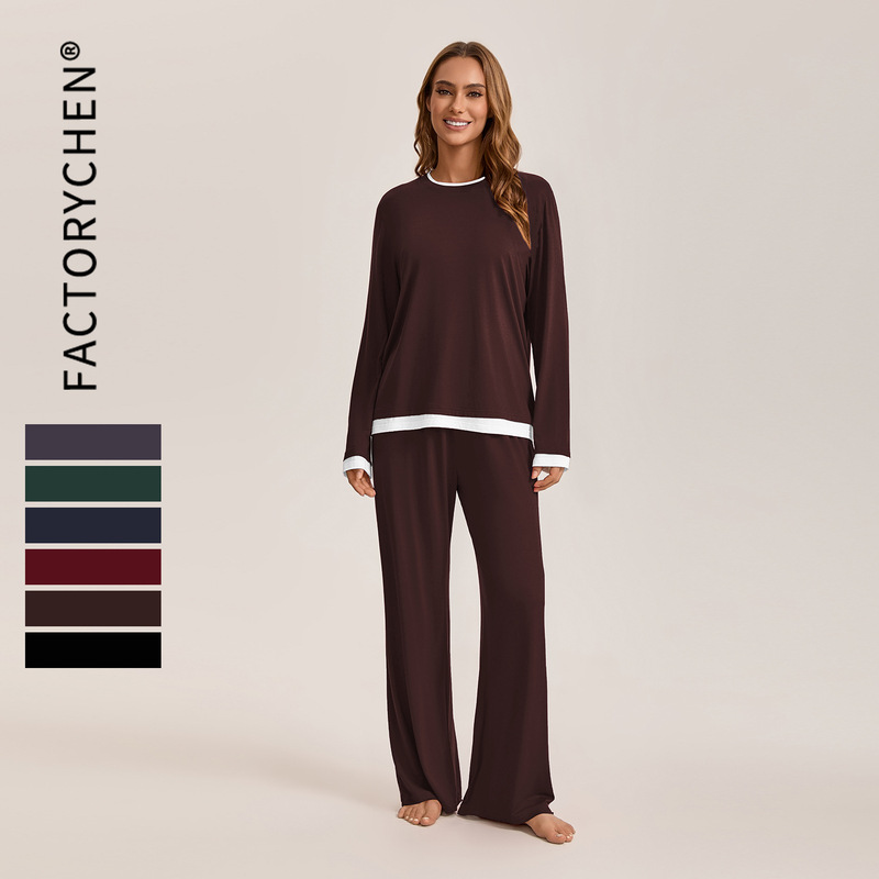 Cross-Border Modal Pajamas Women's Autumn New Fake Two-Piece Round Neck Knitted Casual Long Sleeve T-Shirt Trousers Home Clothes