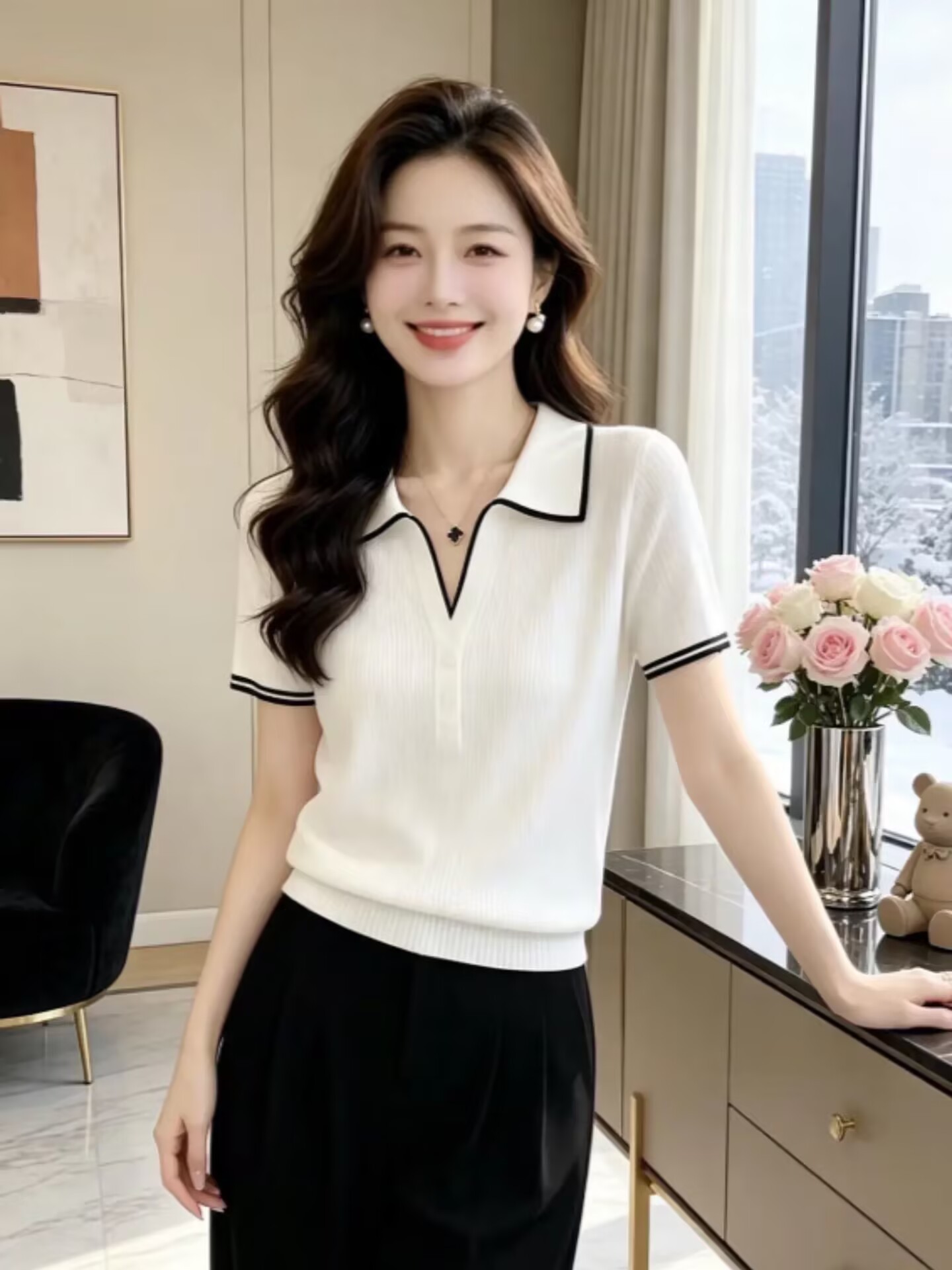 Áo thun ngắn tay polo cổ bẻ phong cách Pháp vai vuông cao cấp — màu trắng