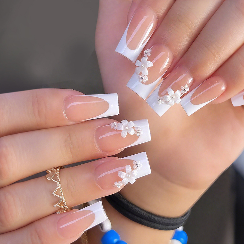 Cross-Border 24-Piece Wearable Nails, Medium-Length White French Pearl Flower, Medium-Sized Water Pipe Nails, Manicure Nails, Wearable Nails