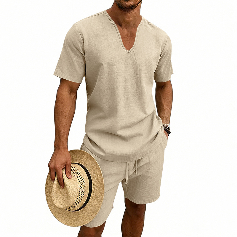 Leinenhemd und Shorts für Herren, atmungsaktives, lässig geschnittenes Urlaubsoutfit mit V-Ausschnitt für den Sommer_voghion.com