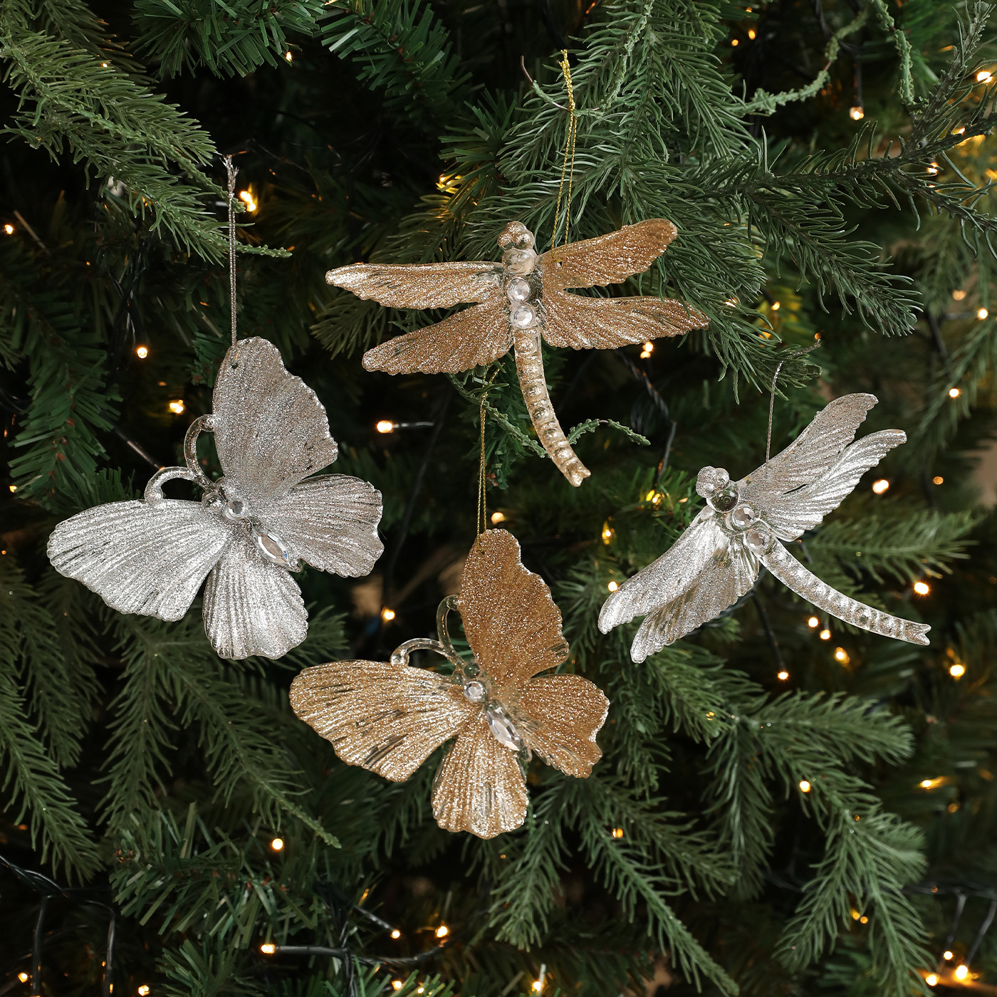 Nuevo acrílico mariposa de plástico libélula polvo transparente colgante decoración colgante árbol de Navidad decoración decorativa escena de vacaciones