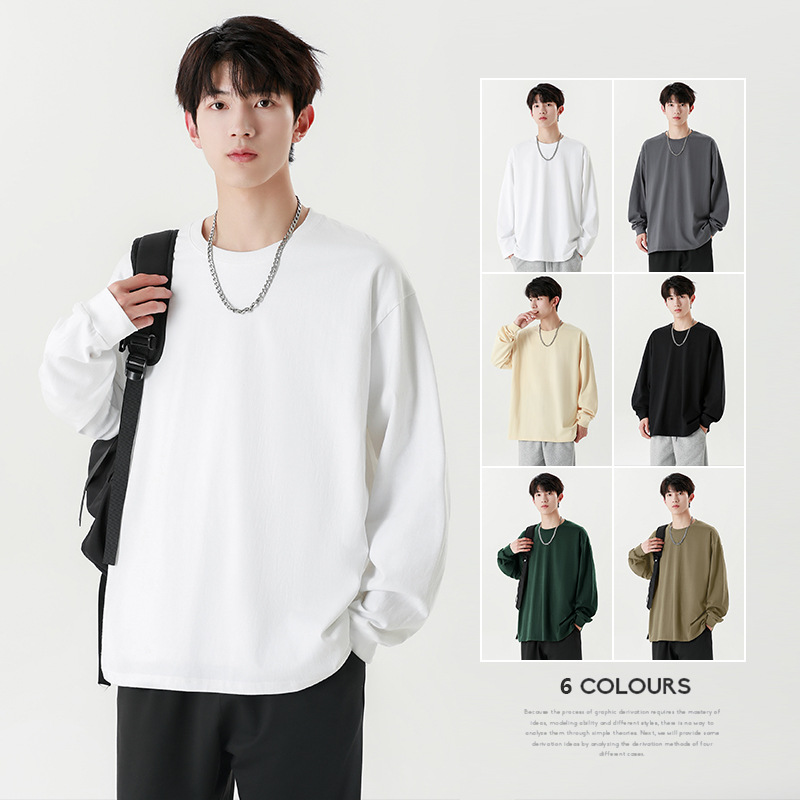 2025 Autumn/Winter New Heavyweight Pure Cotton Long Sleeve T-Shirt Men's New Loose Base Shirt Versatile Sweatshirt Men's Hong Kong Style