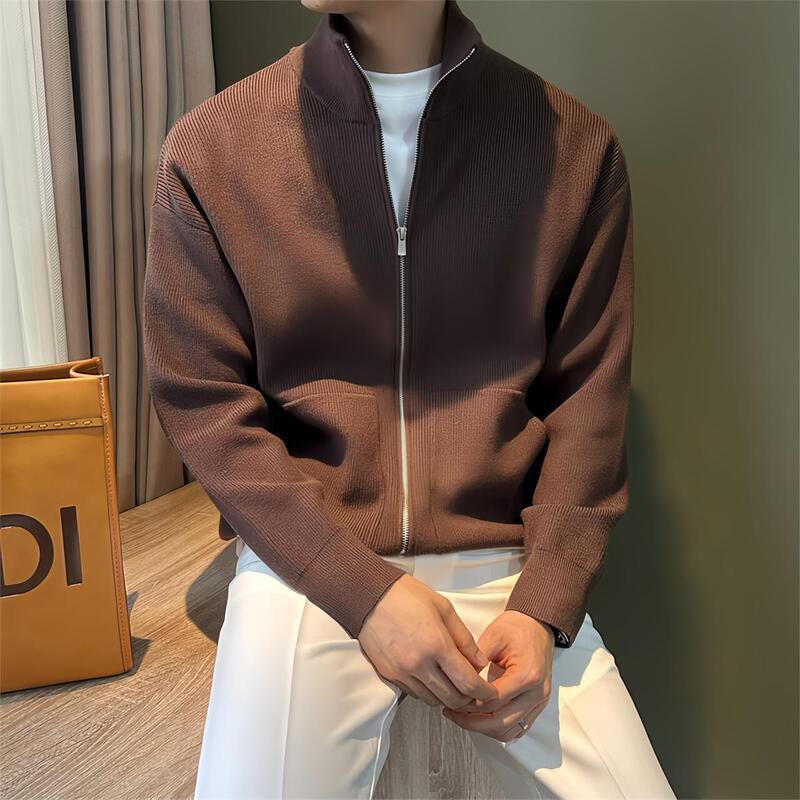 Knitted Cardigan Jacket Men's Sweater Men's 2024 Autumn and Winter Fashion Brand Casual Jacket with Side Pocket Collar for Men