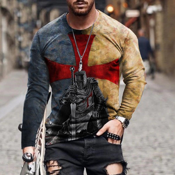 Ropa de hombre transfronteriza europea y americana AliExpress Wish Amazon nueva camiseta de manga larga con cuello redondo y estampado paladín