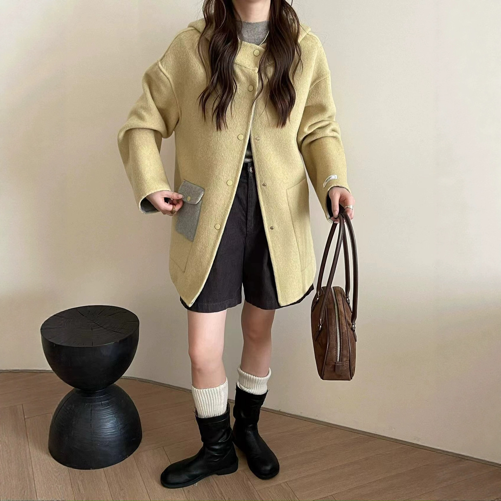 双面撞色连帽休闲单排吸扣落肩袖中长款双面尼羊毛大衣毛呢外套女