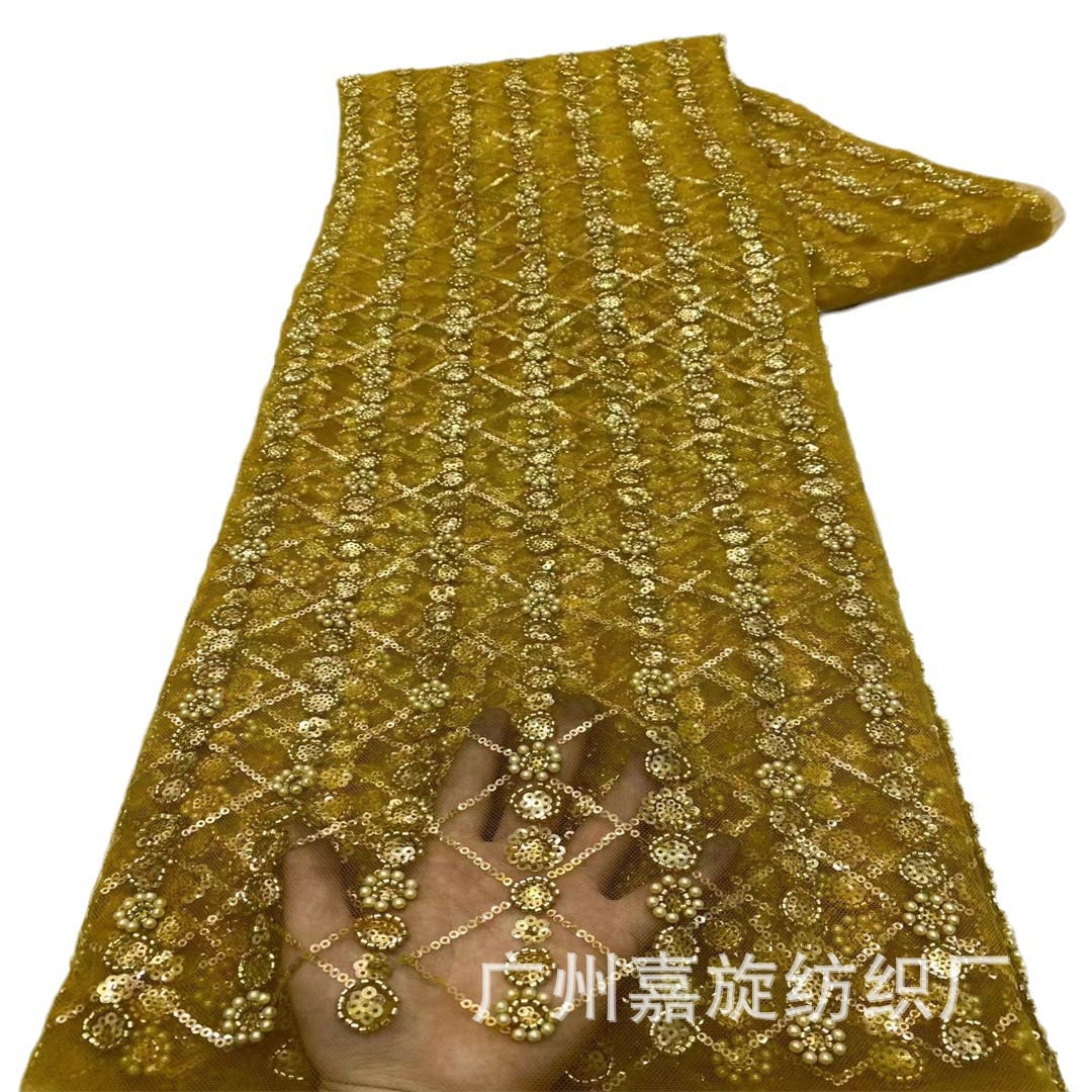 Fabricado de boda pesado francés bordado sequinilla tubo de perlas bordado tela de sequillas bridales tela JX4174