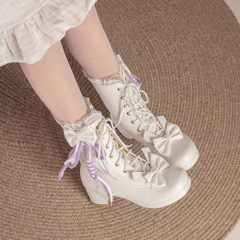 Original ~ Lolita bowknot sweet short boots thick bottom round toe chunky heel women's shoes waterproof platform lace-up Martin boots