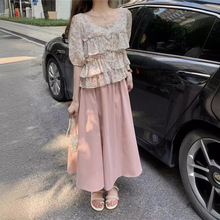 实拍套装女韩版小清新碎花上衣短袖雪纺衫+粉色半身裙A字裙两件套
