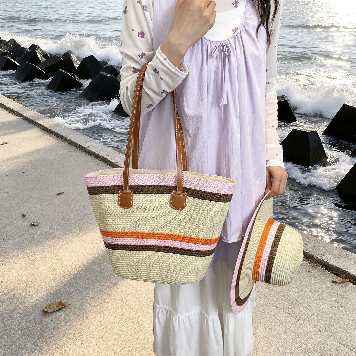2026 Woven Bag for Women, New Summer Style, Large Capacity Shoulder Tote Bag, Beach Bag, Fashionable Bucket Bag, Color-Blocking Bag