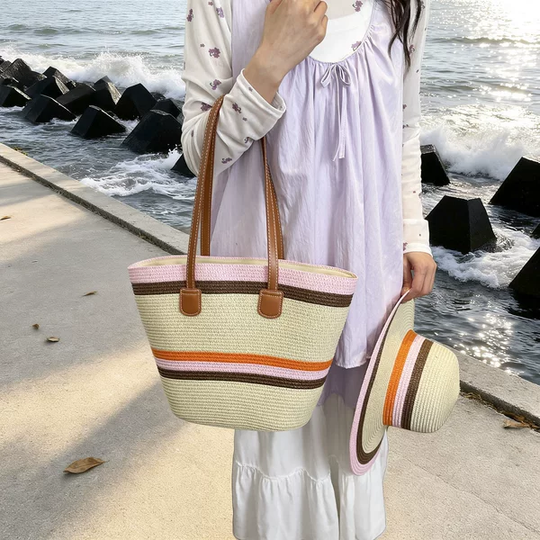 2026 Woven Bag for Women, New Summer Style, Large Capacity Shoulder Tote Bag, Beach Bag, Fashionable Bucket Bag, Color-Blocking Bag