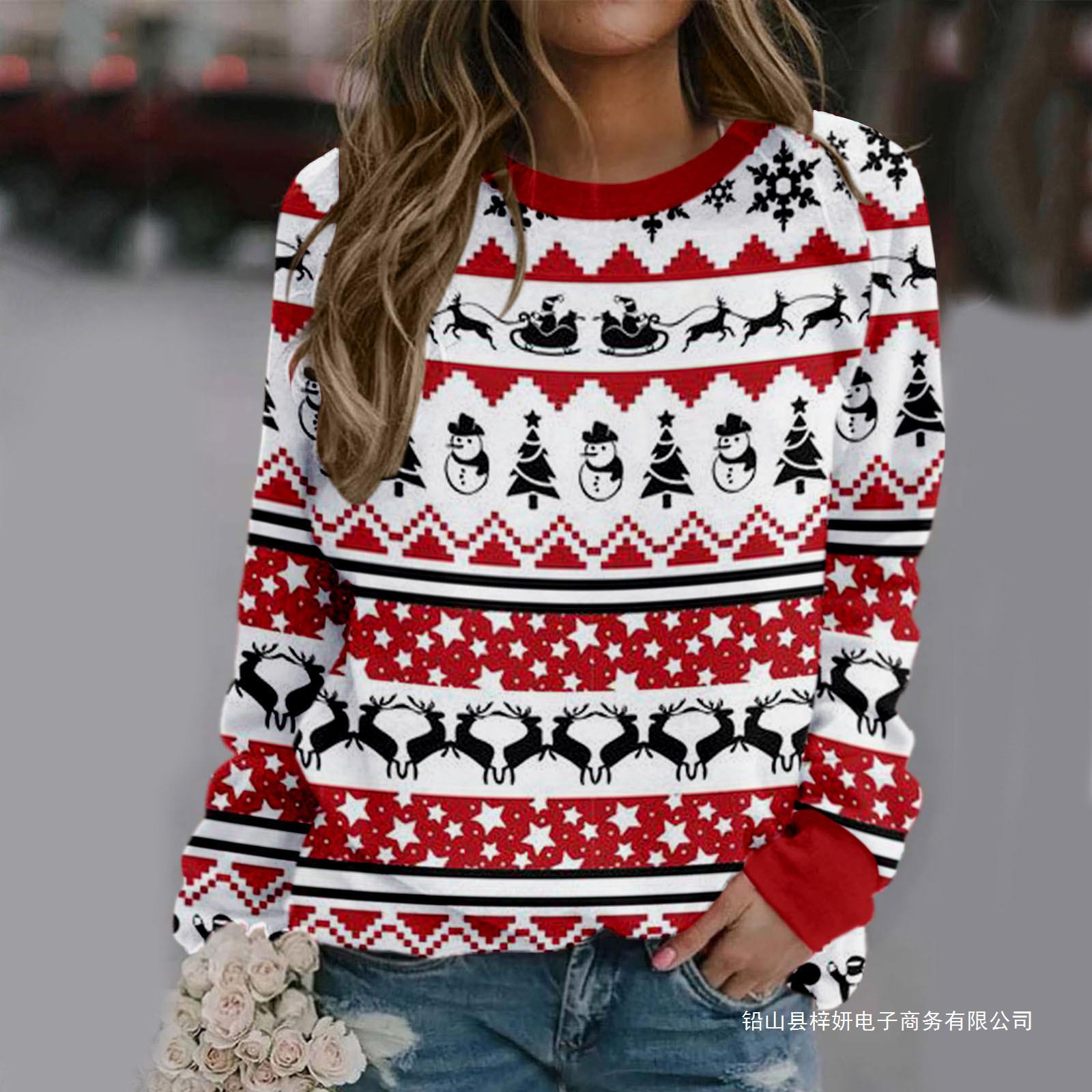 跨境货源女圣诞元素3D印花雪花小鹿雪人简约长袖百搭卫衣街头上衣