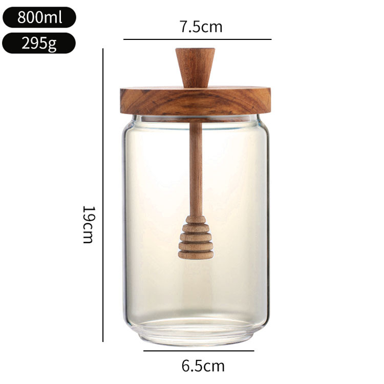 Tanque de almacenamiento de madera de acacia, tanque de miel, barra de mezcla transparente con tapa de borosilicato, tanque de vidrio sellado de almacenamiento de cocina