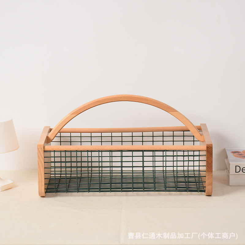 木质家居杂物整理筐铁艺果蔬简约蔬菜水果收纳篮厨房置物整理篮子
