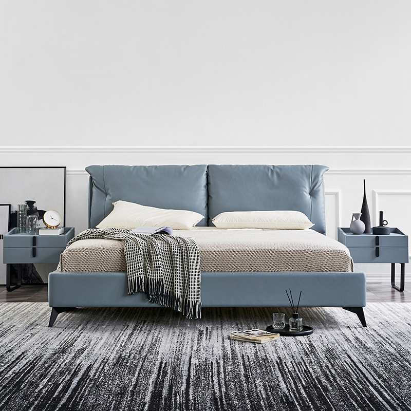 Cama de cuero genuino italiano minimalista cama suave dormitorio principal 1,8 m cojín pequeño apartamento cama doble cama de boda ventas directas de la fábrica