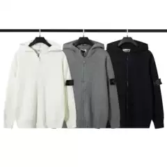 Cross border Europe and America Stone Zipper Open chest Stand up Collar Badge Function Hooded Knitted Sweater for Men and Women IU