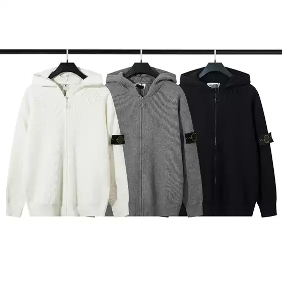 Cross border Europe and America Stone Zipper Open chest Stand up Collar Badge Function Hooded Knitted Sweater for Men and Women IU