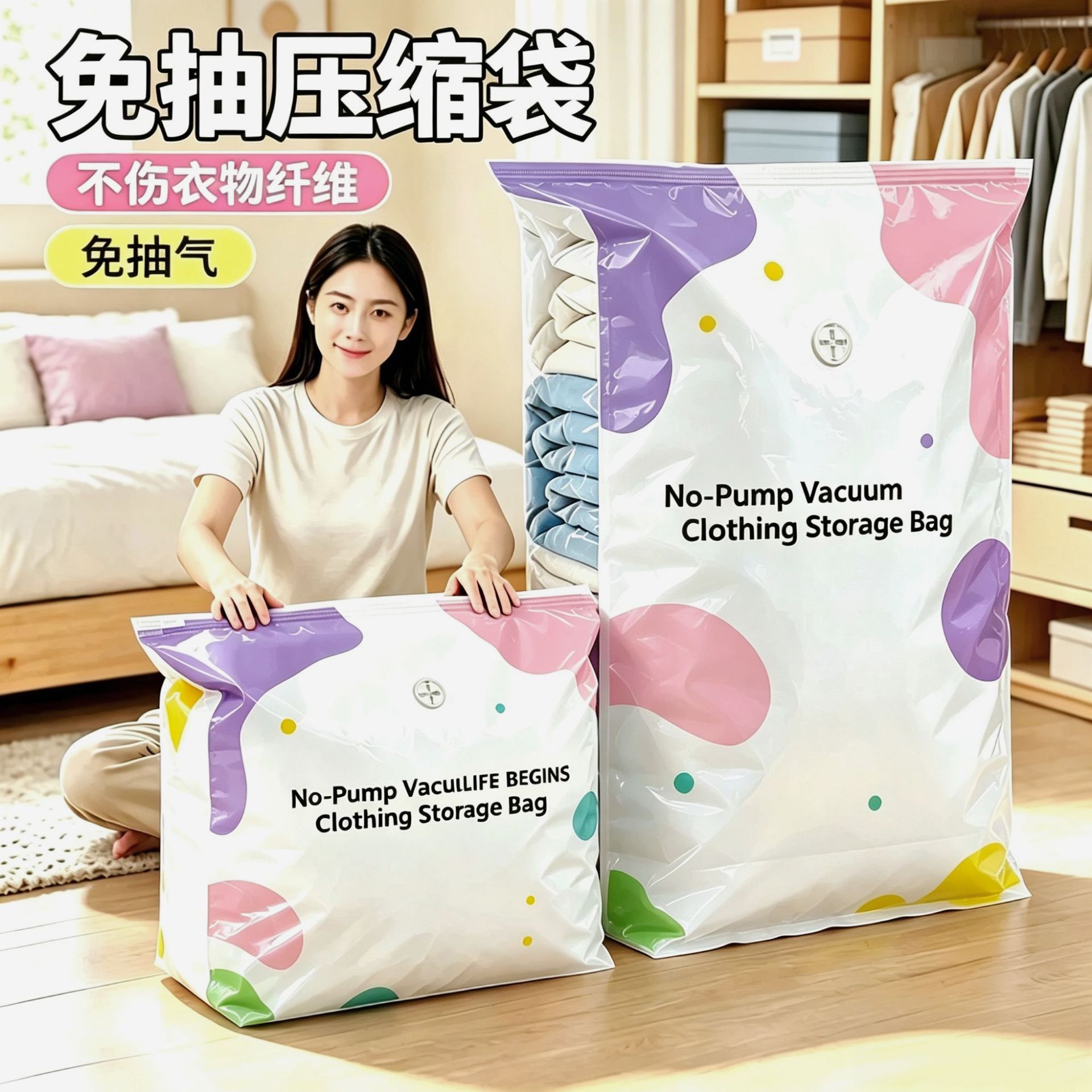 Colorful three-dimensional vacuum storage compression bag, portable for storing quilts, blankets, and clothes, no-pump required