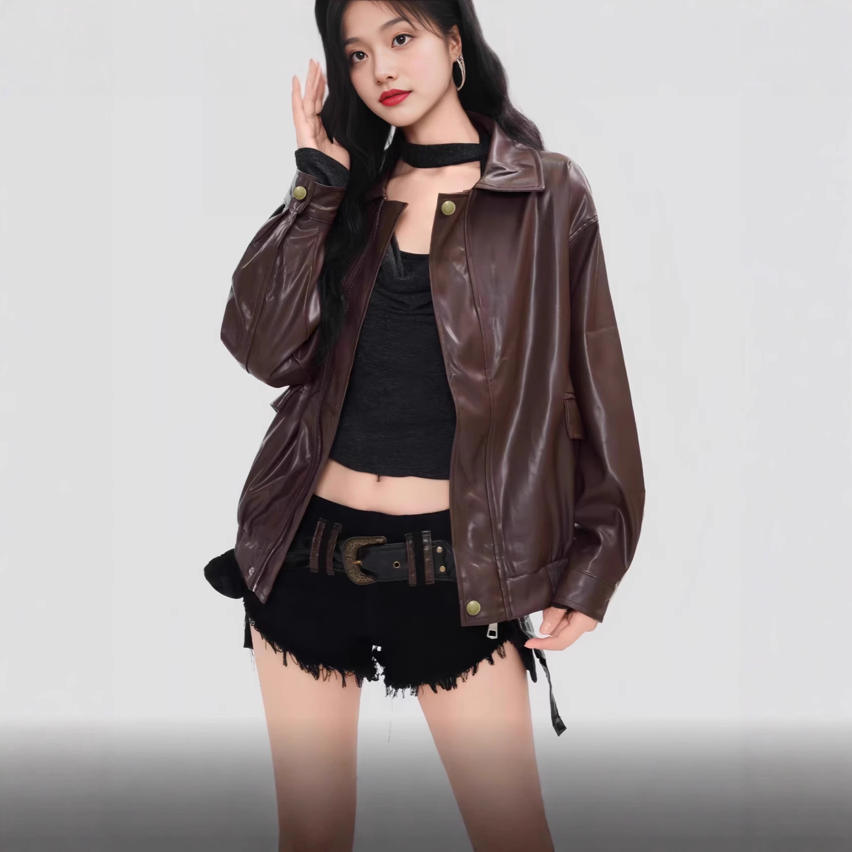Amazon's Best Selling Fashionable Brown Motorcycle Leather Jacket Autumn and Winter Women's American Retro Petite Jacket