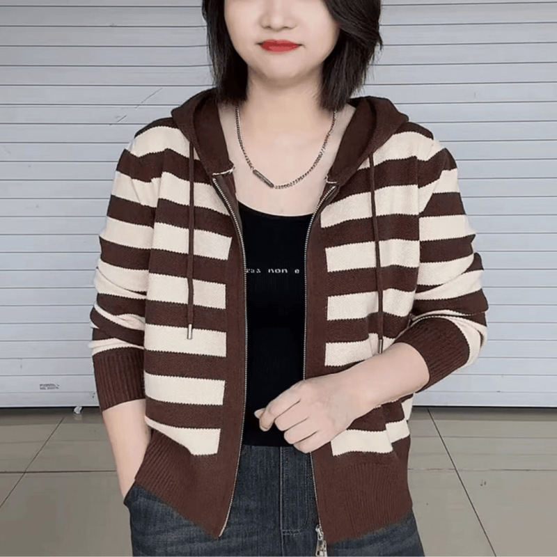 网红新款简约条纹印花气质减龄开衫宽松休闲连帽针织妈妈秋季外套|undefined