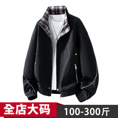夹克男加肥加大码春秋新款美式复古飞行员外套纯色翻领棒球服上衣