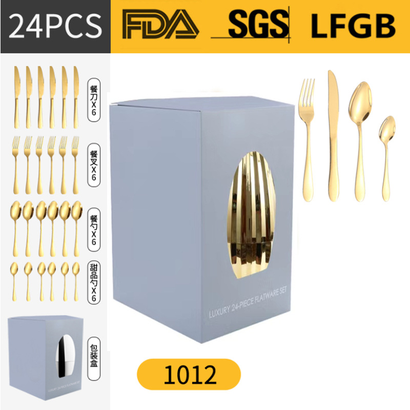 Amazon transfronteriza suministro de humor huevo vajilla de acero inoxidable Juego de 24 piezas 4 piezas principales caja de regalo Cuchillo de comida occidental, tenedor y traje de cuchara