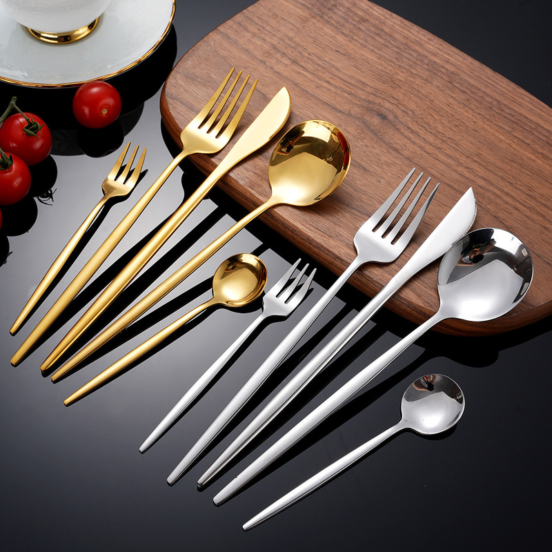 410 Stainless Steel Knife, Fork and Spoon Thin Flat Handle Portuguese Tableware 4/5 Piece Set Titanium Plated Cross-Border Hot Sale Exclusively for Wholesale 410 Stainless Steel Knife, Fork and Spoon Thin Flat Handle Portuguese Tableware 4/5 Piece Set Titanium Plated Cross-Border Hot Sale Exclusively for Wholesale