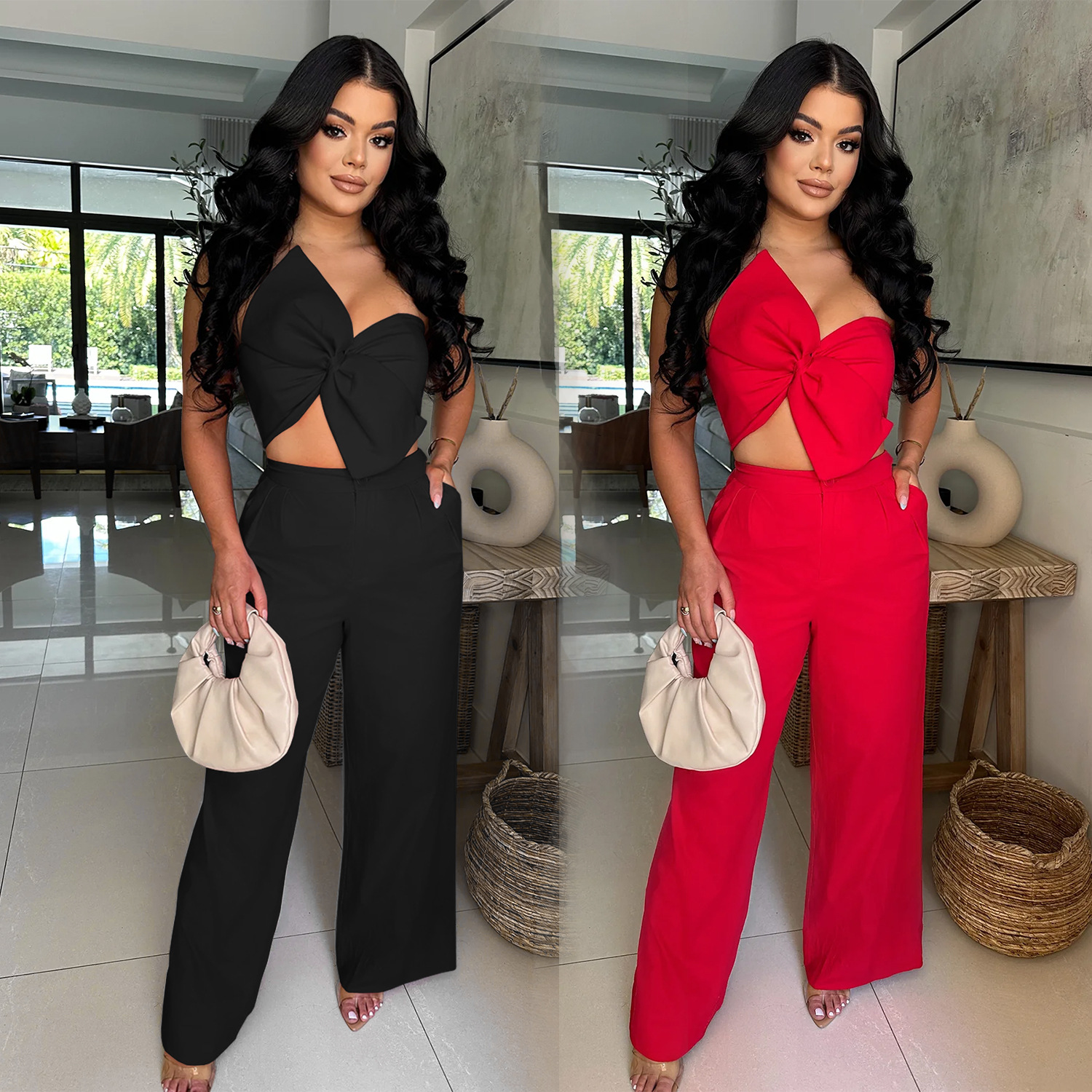 C7375 Cross-border AliExpress Amazon Moda europea y americana Pantalones casuales de lazo sexy de dos piezas Nuevo