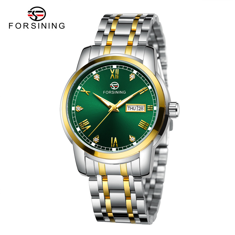 Forsining Fusini 8221 correa de acero reloj casual para hombres reloj mecánico automático calendario semana reloj