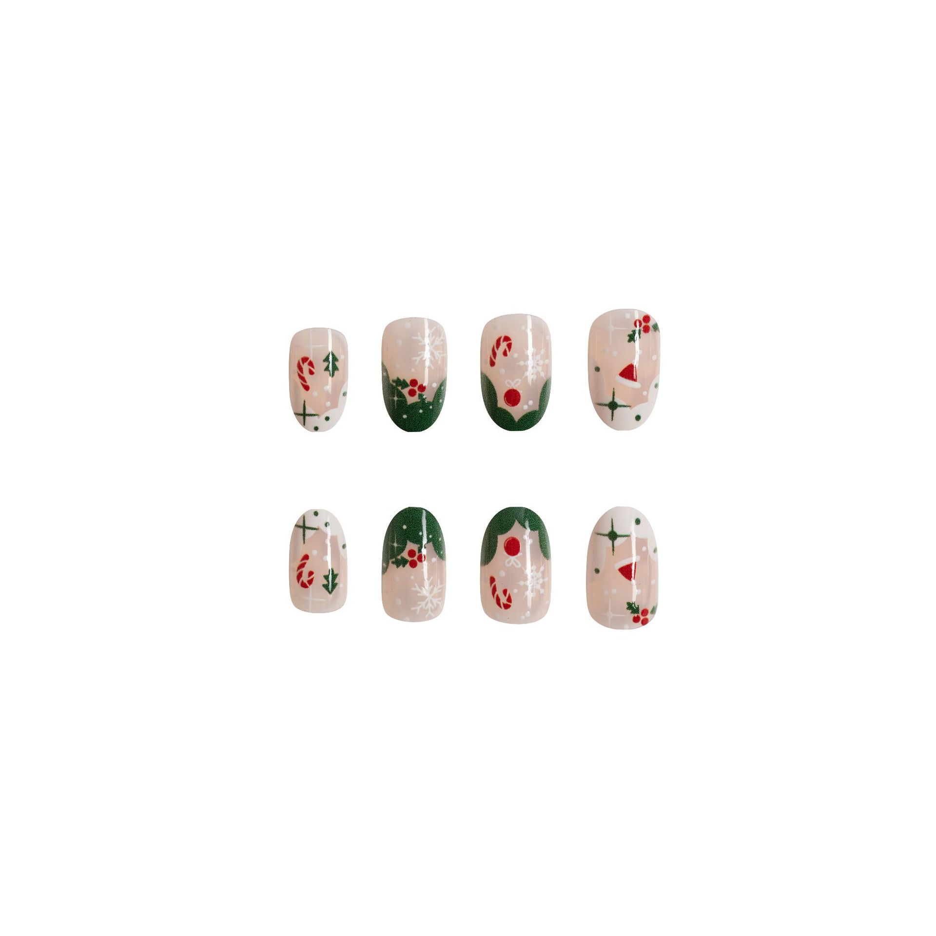 Short Christmas short round nail beauty piece Christmas gift snowflake sweet cool wear nail contrast color  nails 24 pieces_voghion.com