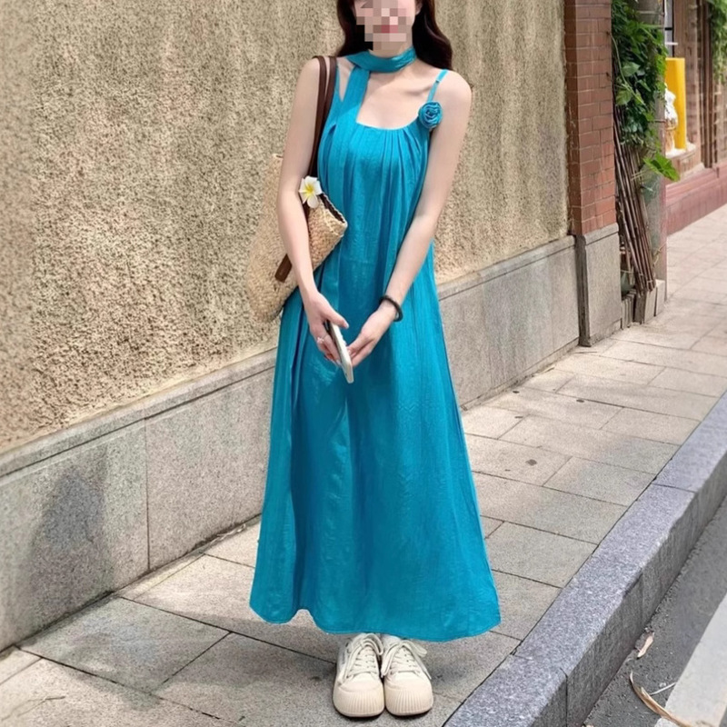 Bright Color Dopamine Thai Summer Halter Sling dress Women's Seaside Holiday Xinjiang Travel Wear Long Dress