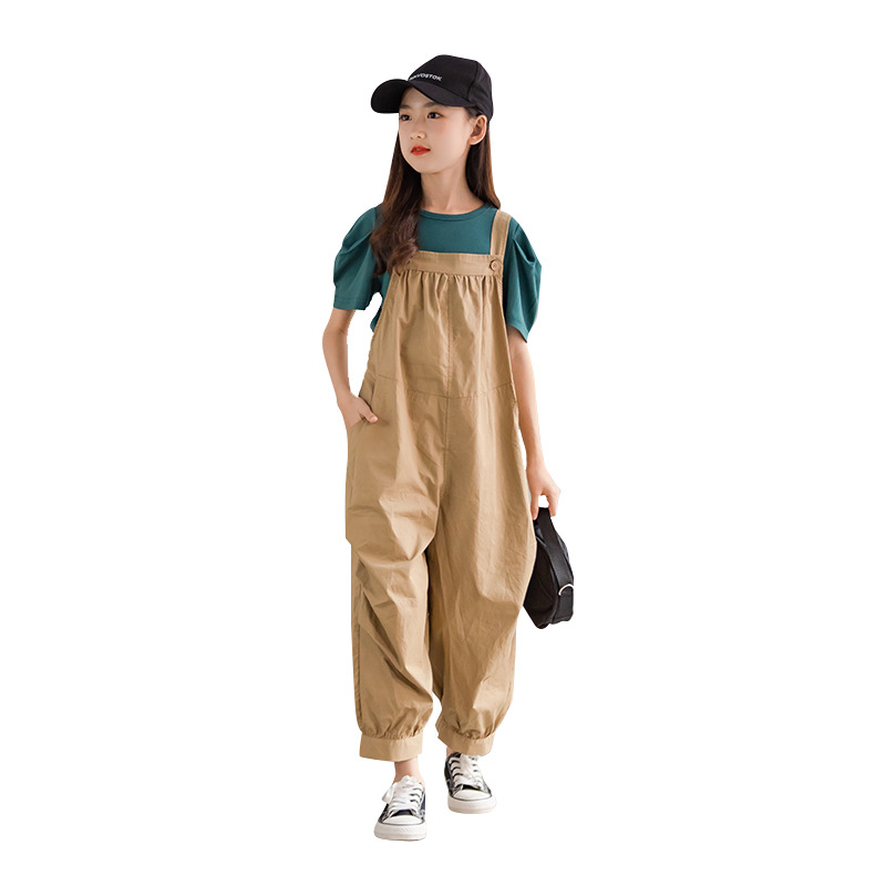 2022 Korean children's suspenders Khaki foreign style large child labor pants a girls' net red pants