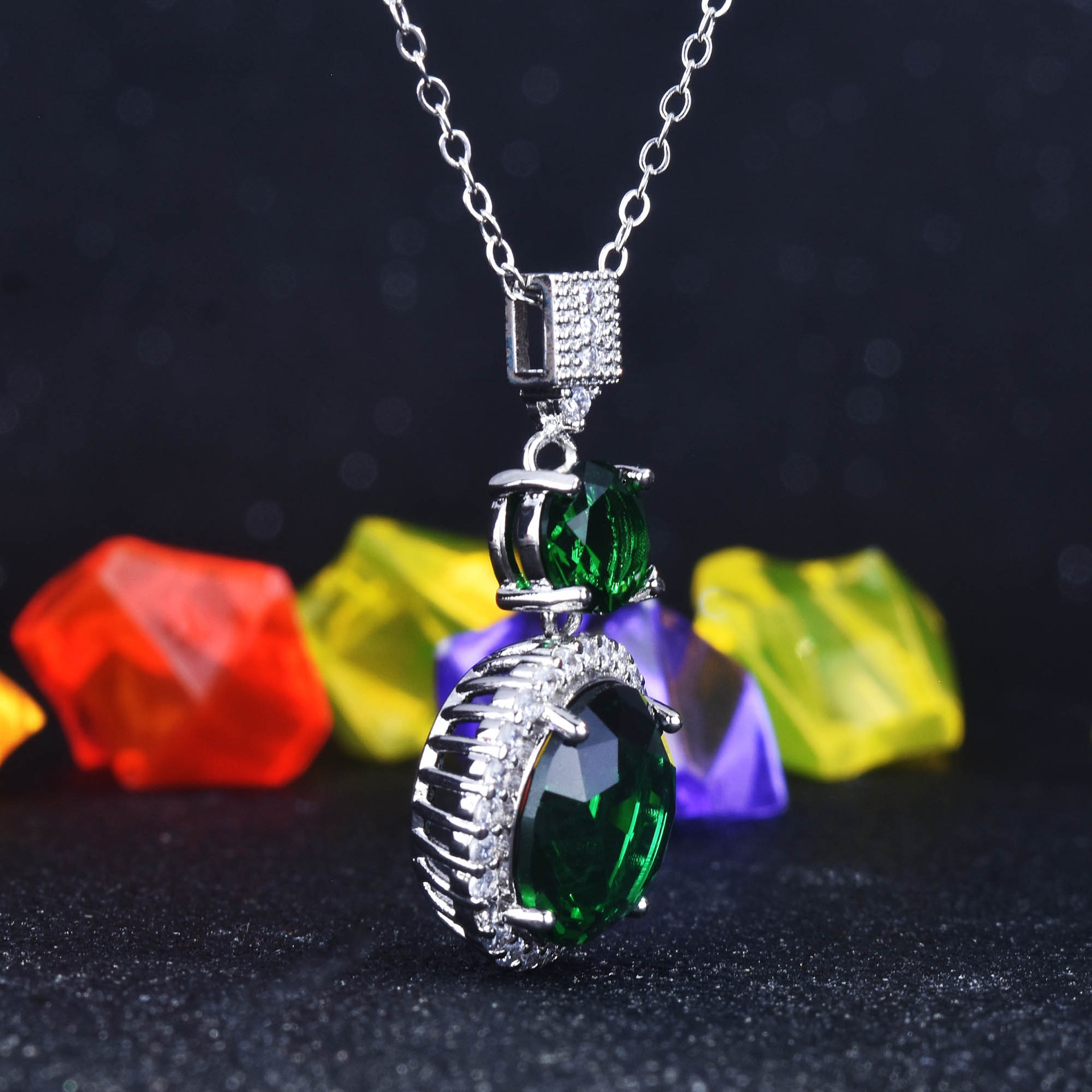 Cross-border Supply Jewelry Set Super Shiny Diamond Zircon Quality Princess Pendant Large Carat Emerald Colored Gems Necklace display picture 4