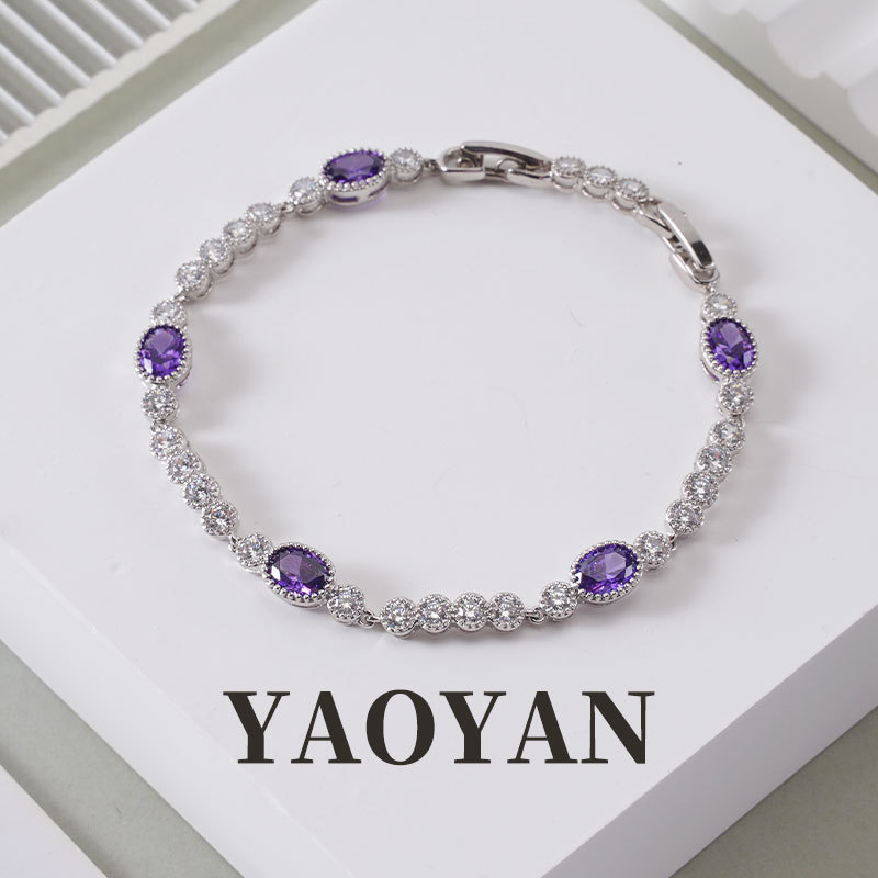 European and American 3A Zircon Fire Color Gemstone Bracelet Accessible Luxury High-End Electroplated White Golden Amethyst Pigeon Egg Gemstone Bracelet
