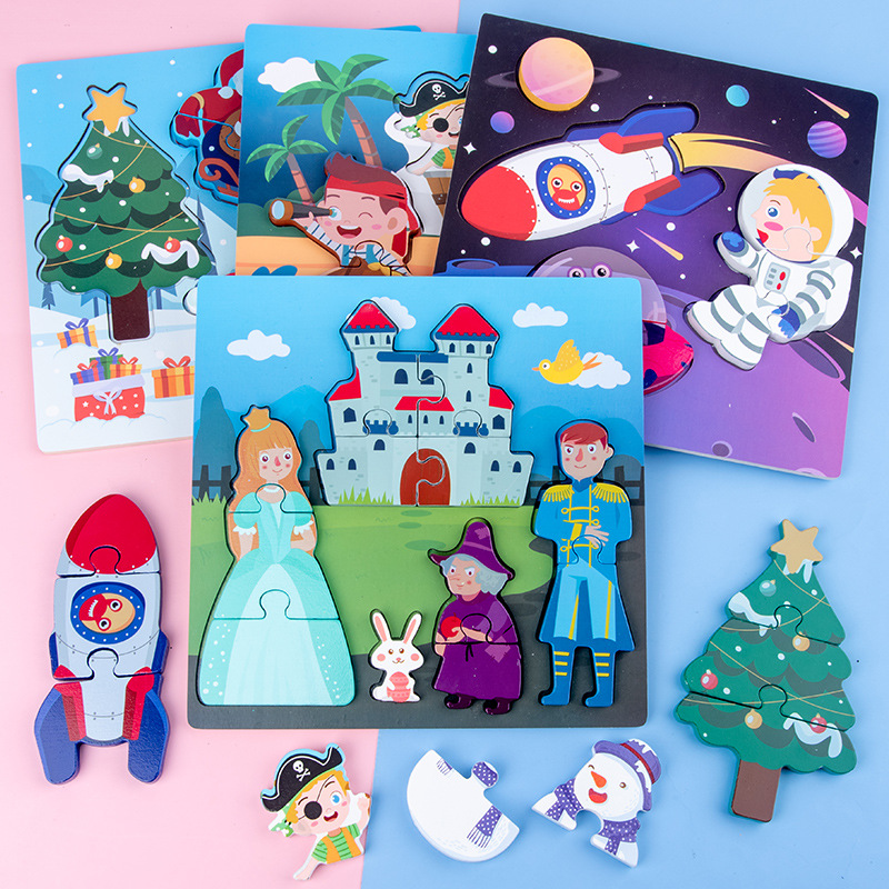 Hebilla tridimensional 3D Princesa Príncipe tema rompecabezas educación temprana de los niños rompecabezas de madera de juguete al por mayor 61 regalo