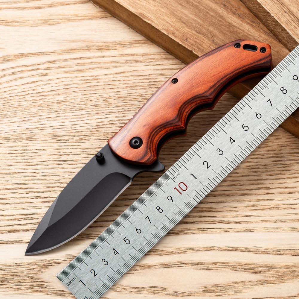 厂家供应跨境户外折叠刀高硬度防身小刀进口木柄户外工具野营折叠