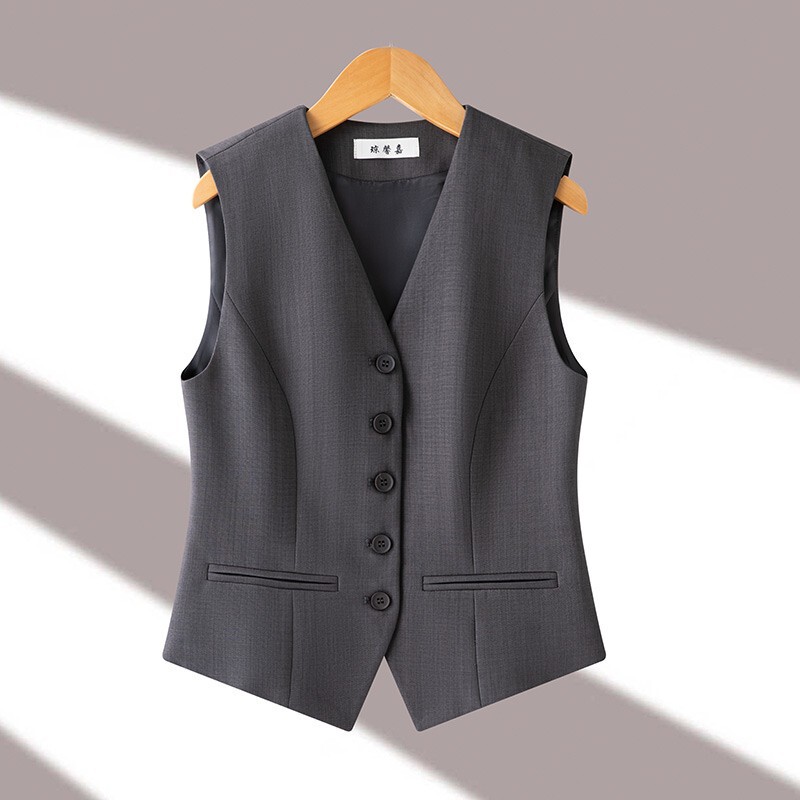 Gray Suit Vest Women's Layered Vest 2025 Autum New Top Sleeveless Work Clothing Versatile Elegant Waistcoat