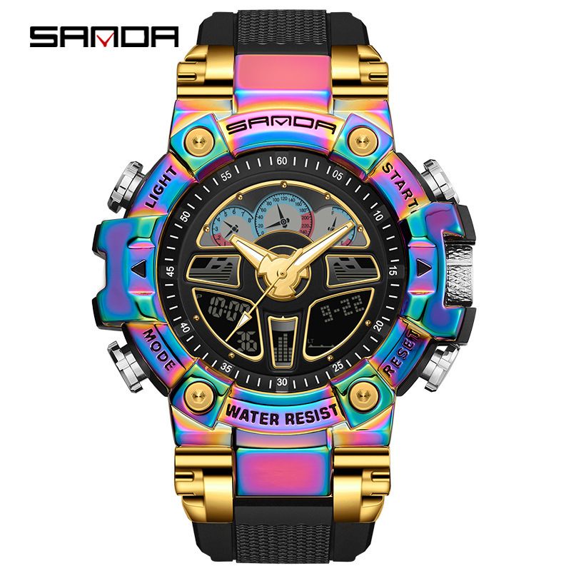 Sanda hasta mano luz reloj negro tecnología multi-funcional volante deportes volante reloj de alarma impermeable reloj masculino 3156