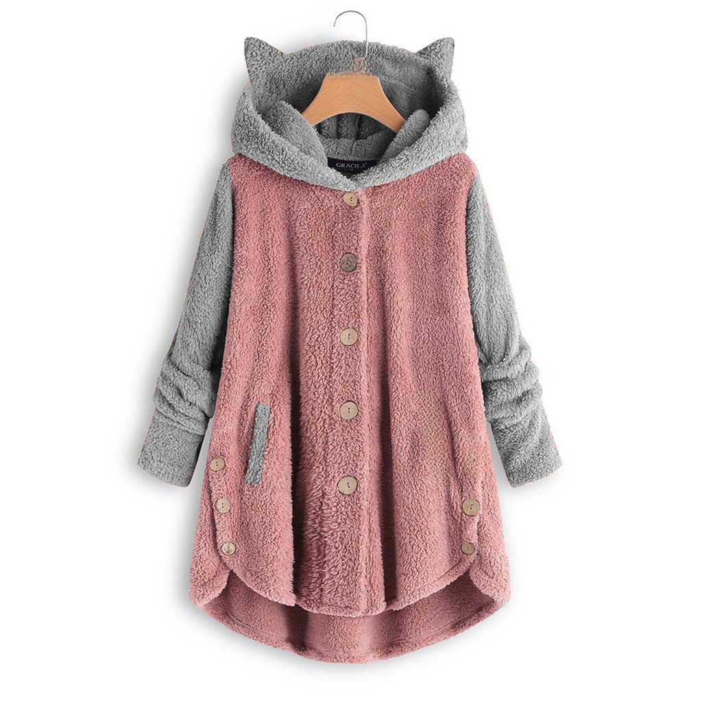 Women's Coat With Hood And Button Detail Irregular Plush Winter_voghion.com