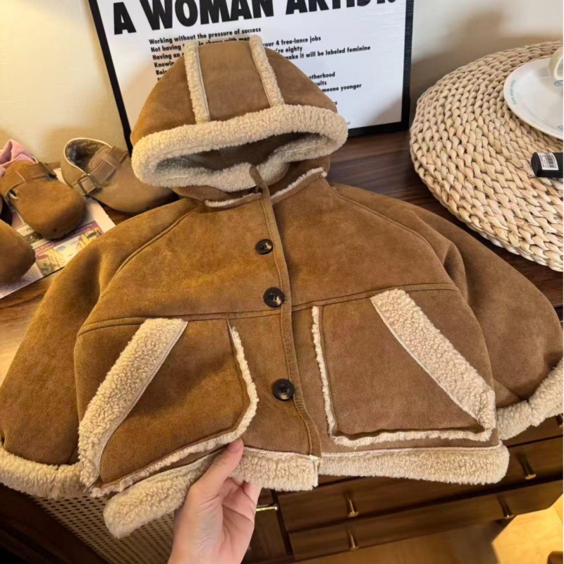 2025秋冬女童毛毛外套宝宝仿羊羔毛加绒皮毛一体棉服打底裤两件套