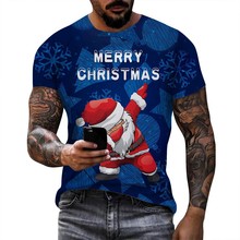 亞馬遜服飾聖誕老人3D印花男士T恤圓領短袖休閑上衣 跨境工廠批發