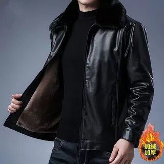 冬季毛领皮衣男外套加绒加厚机车PU皮夹克中年爸爸装