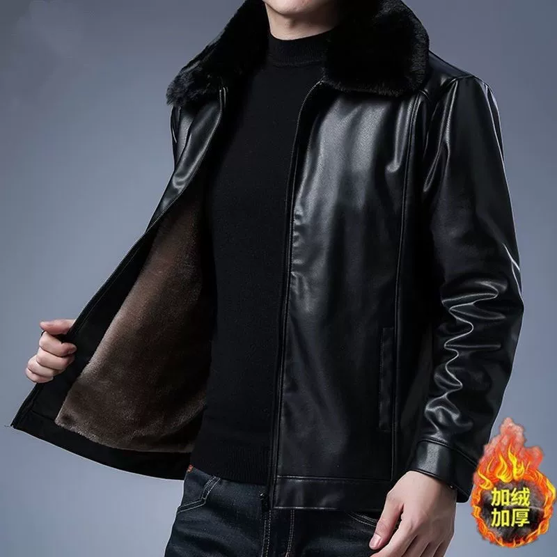 Зимняя кожаная куртка с меховым воротником для мужчин, на флисовой подкладке и утепленная, мотоциклетная куртка из искусственной кожи, одежда для мужчин среднего возраста.