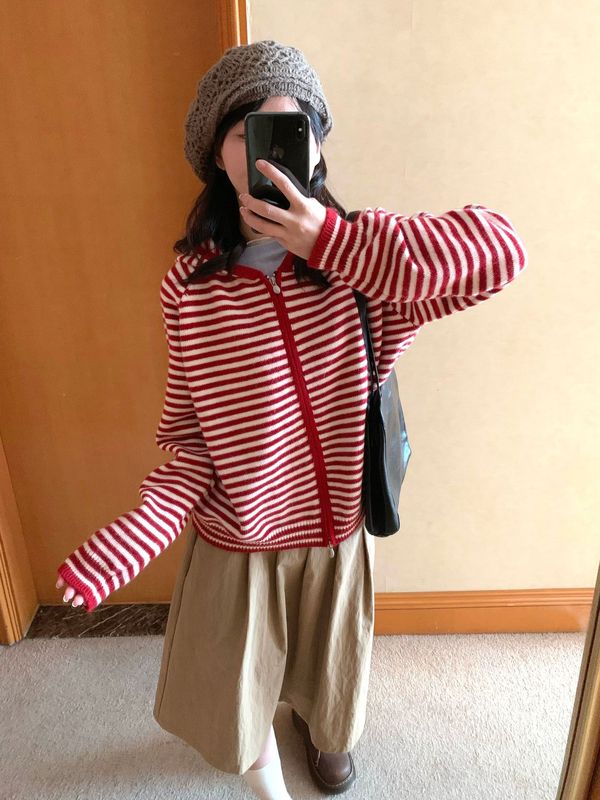 红白条纹连帽双拉链针织衫开衫女韩系复古宽松减龄毛衣外套上衣女|undefined