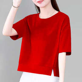 98%新款红色短袖T恤女夏季韩版宽松全棉百搭短款上衣中国红体恤