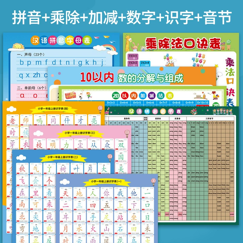 Наклейки на стену с алфавитом пиньинь, таблица формул сложения и вычитания в пределах 20, настенная таблица начальных согласных и гласных, один нечетный заменитель начальной школы