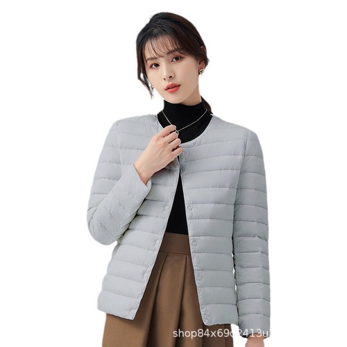 2024 New Autumn and Winter Lightweight Down Jacket Women's Short Round Neck V-neck Long Sleeve Liner Solid Color Large Size Simple Jacket