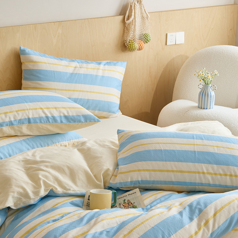 Nordic French Vintage Boho Double-layer All-cotton Four-piece Set, Pure Cotton Striped Simple High-end Bedding, Three-layer Gauze Bed Sheet And_voghion.com