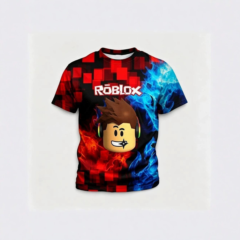 Roblox Game Character Flame Pattern Trendy Short Sleeve T-Shirt for Teenagers Gaming Enthusiasts Half Sleeve Top