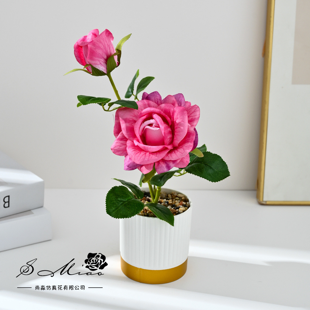 Cross-border dos extremos rosa bonsai moda imitación maceta flores falsas decoración del hogar fotografía ornamentos de flores artificiales de boda
